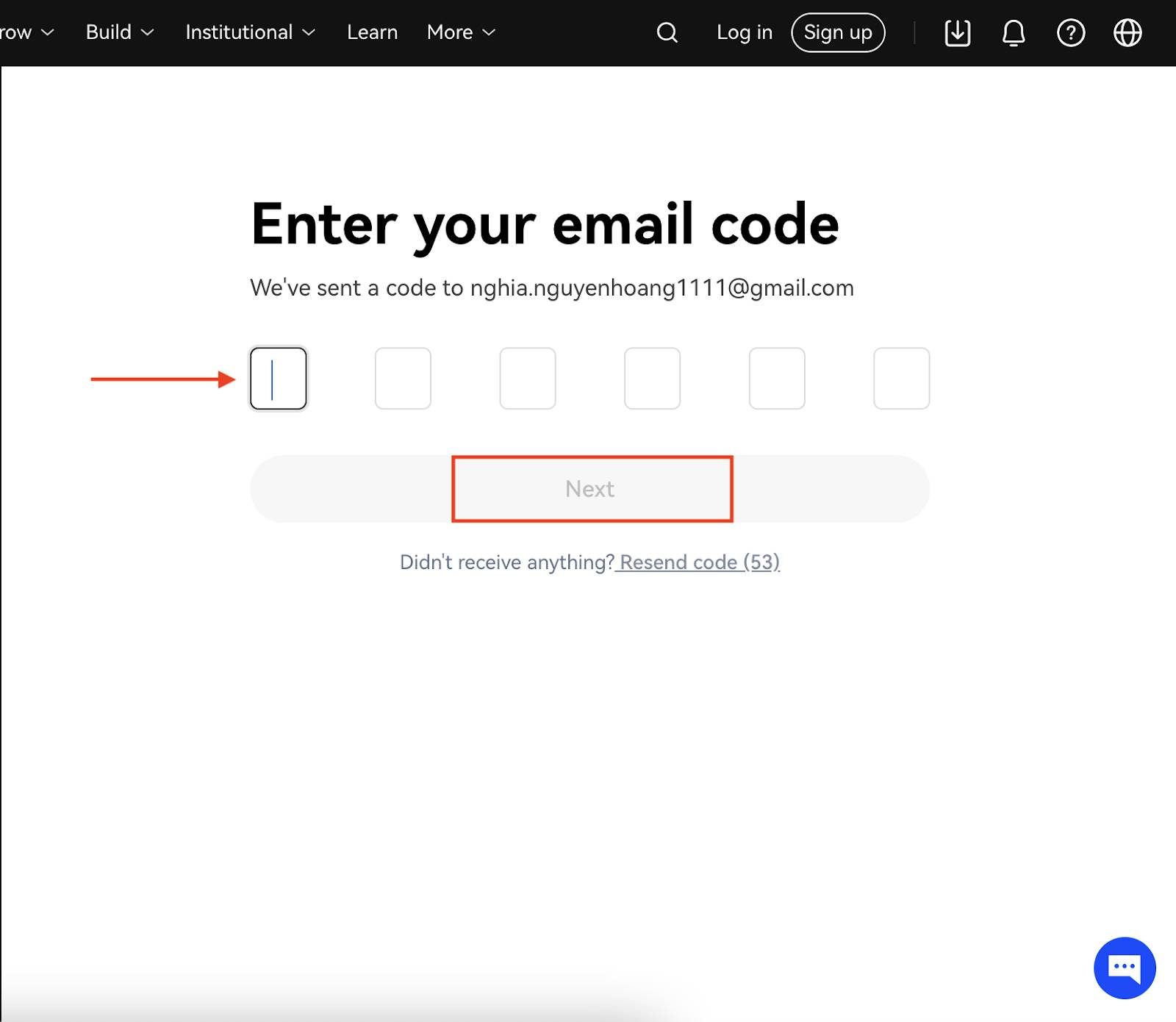 Bước 3: Nhập mã xác thực được gửi đến email của bạn và chọn “Next”.