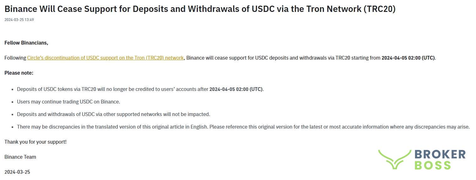 Thông báo dừng nạp rút USDC trên mạng TRON từ sàn Binance